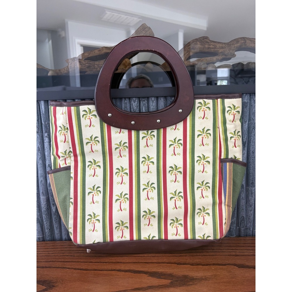 Braciano Tropical Palm Tree Stripe Canvas Tote Bag Wood Circle Handle Green Red‎